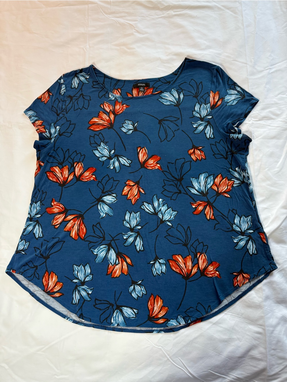 Alfani Navy Floral Tunic with Orange and Light Blue Blooms